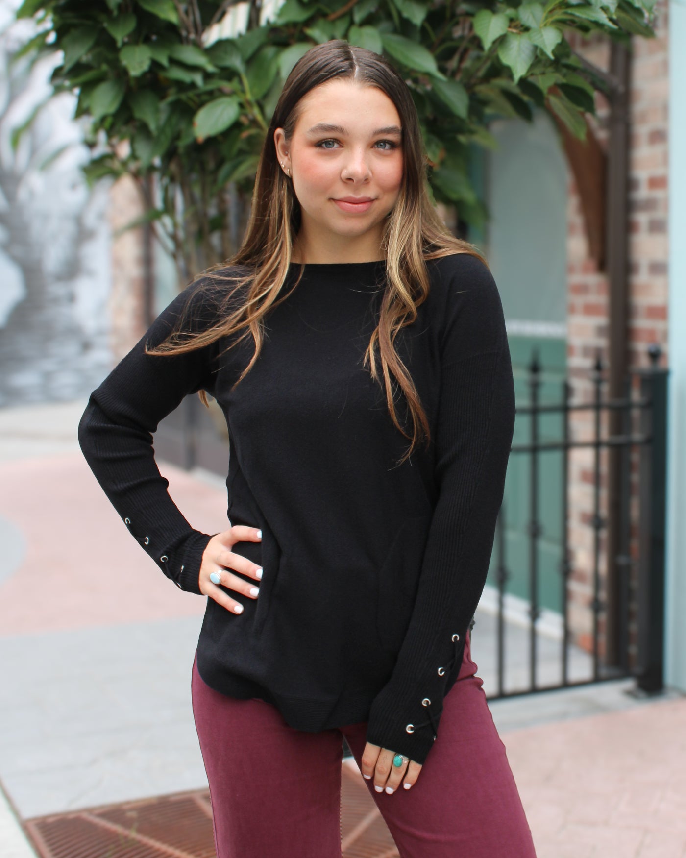Lace Up Sleeve Sweater with Pockets