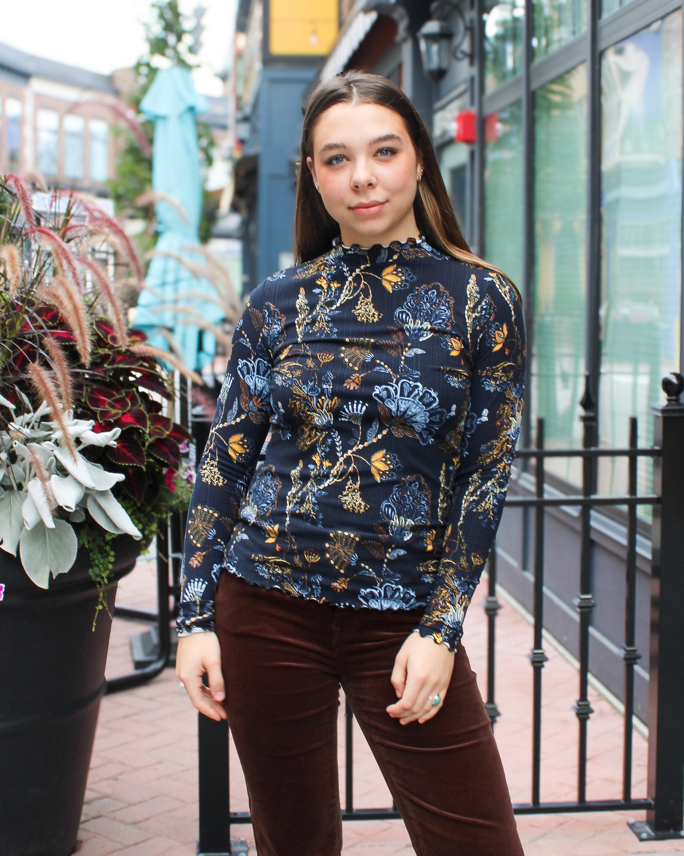 Variegated Ribbed Mock Neck Top