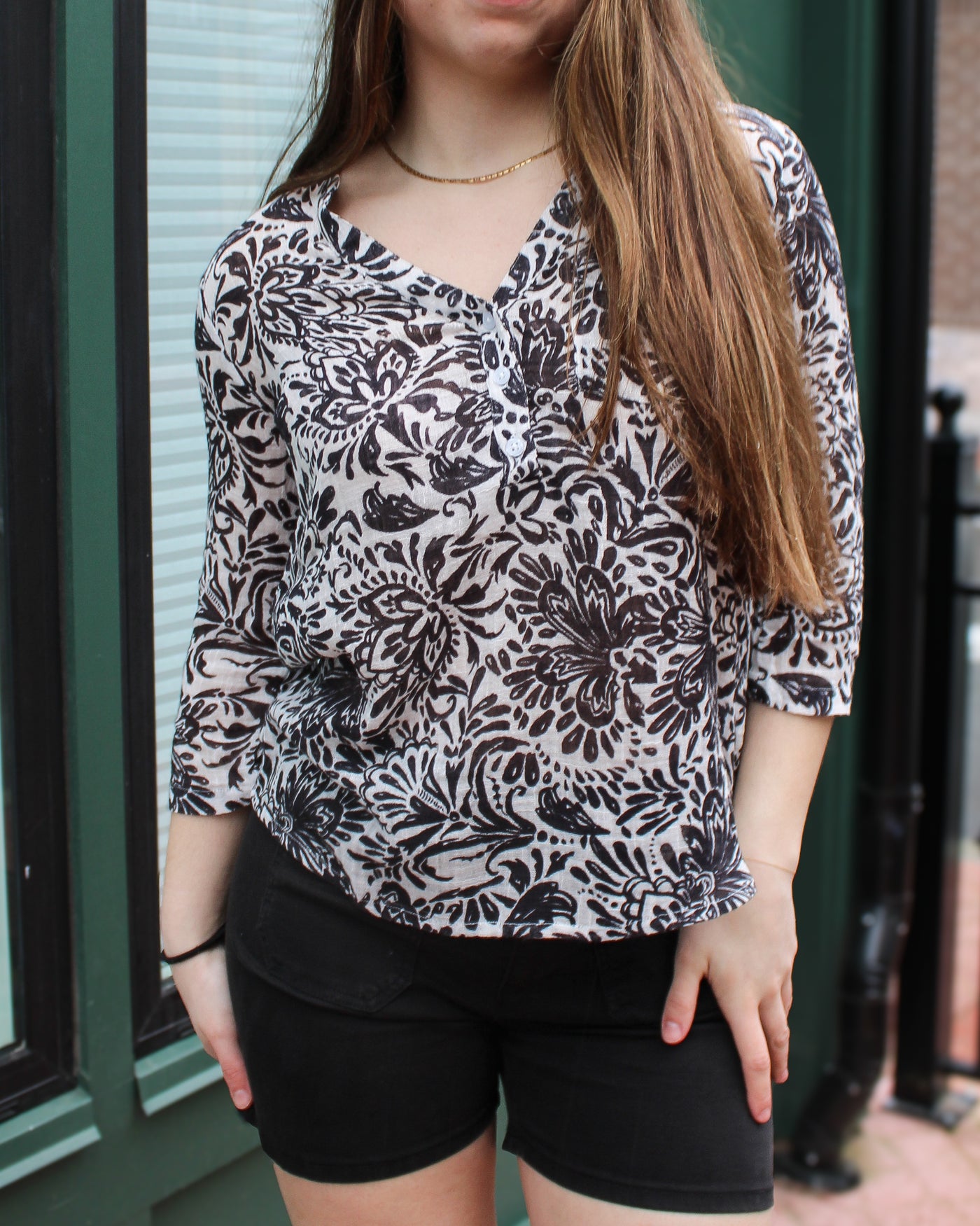 Printed Roll Up Sleeve Linen Blouse