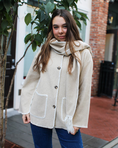 Button Front Coat with Detachable Scarf