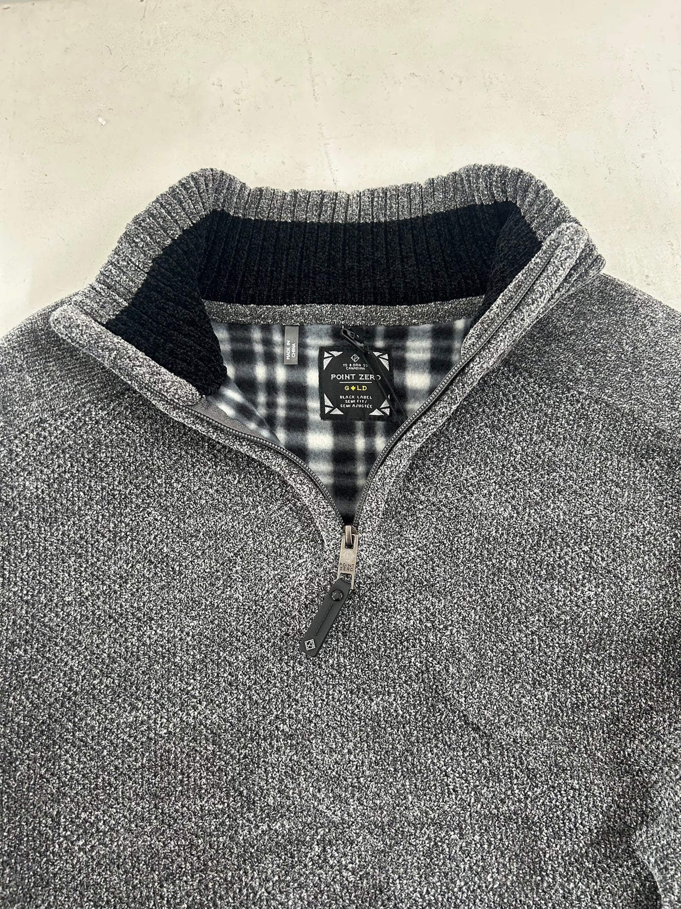 Chenille Mock Neck Zip Black Melange Sweater