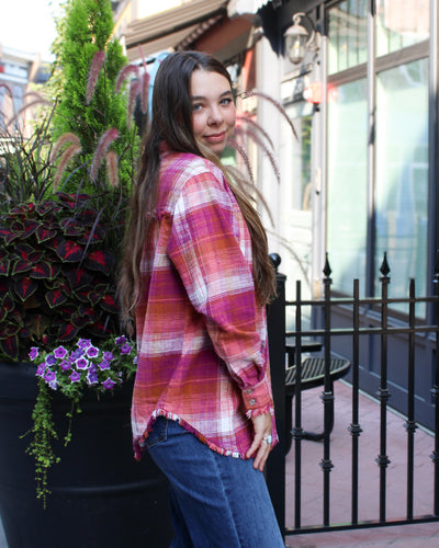Fringe Hem Plaid Button Up Shirt