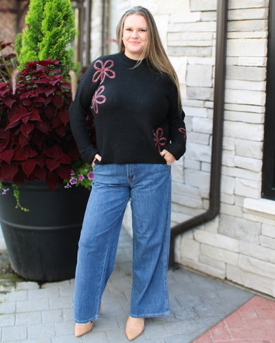 Mock Neck Floral Soutache Sweater