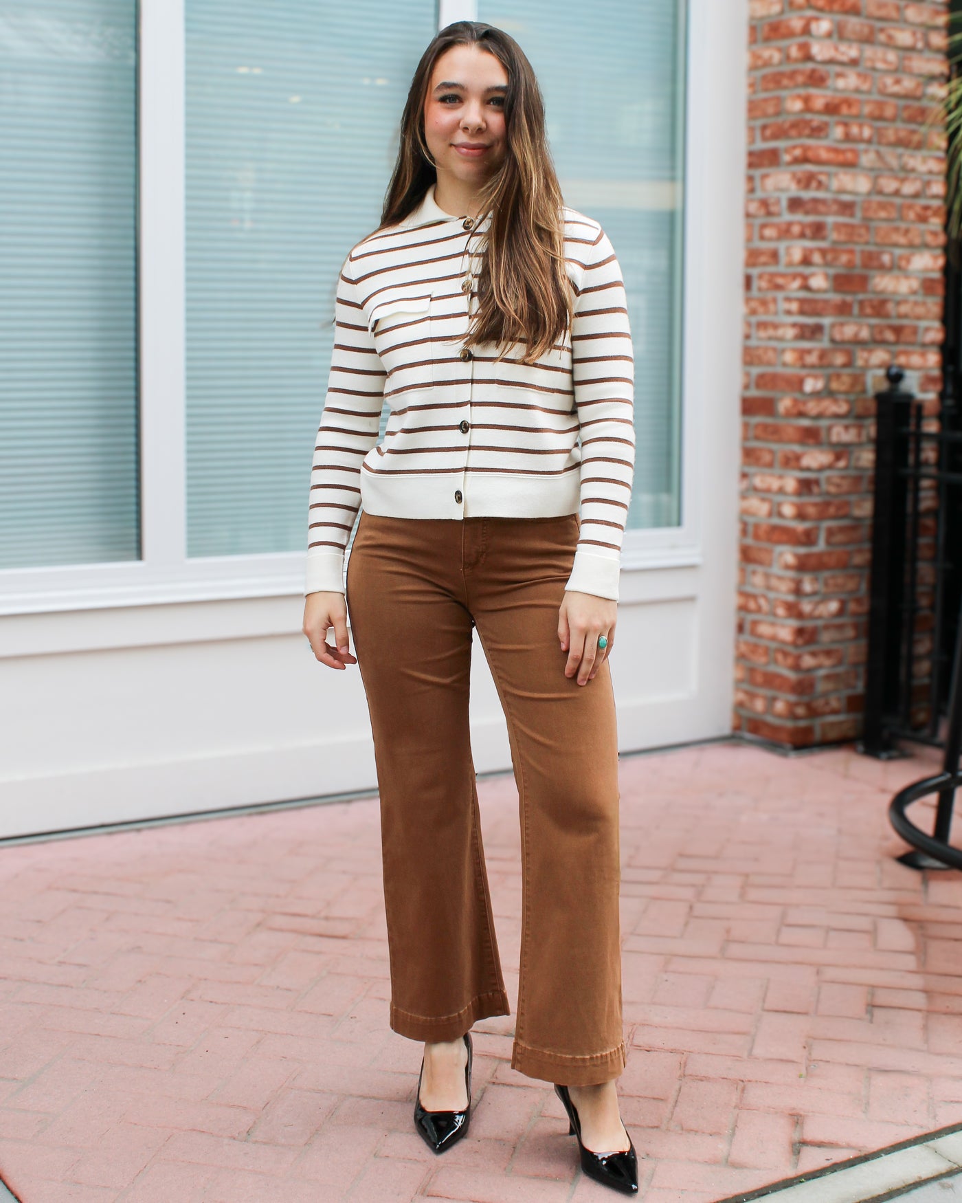 Moonstone Button Front Striped Cardigan