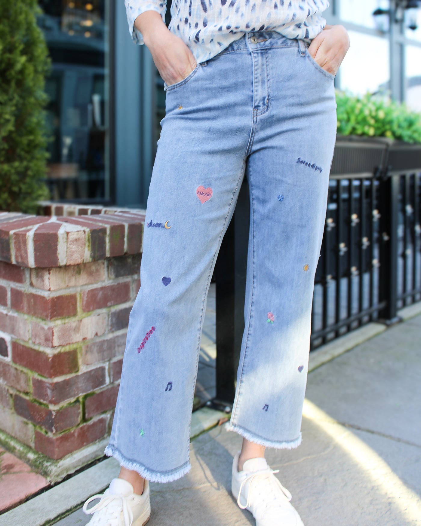 Embroidered Straight Crop Jeans