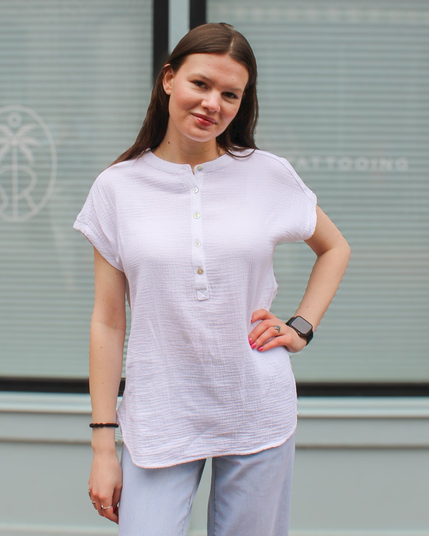 Cotton Gauze Cap Sleeve Blouse