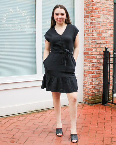 Belted Cap Sleeve Dress with Pockets