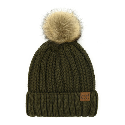 CC Fleece Lined Cable Knit Pom Beanie