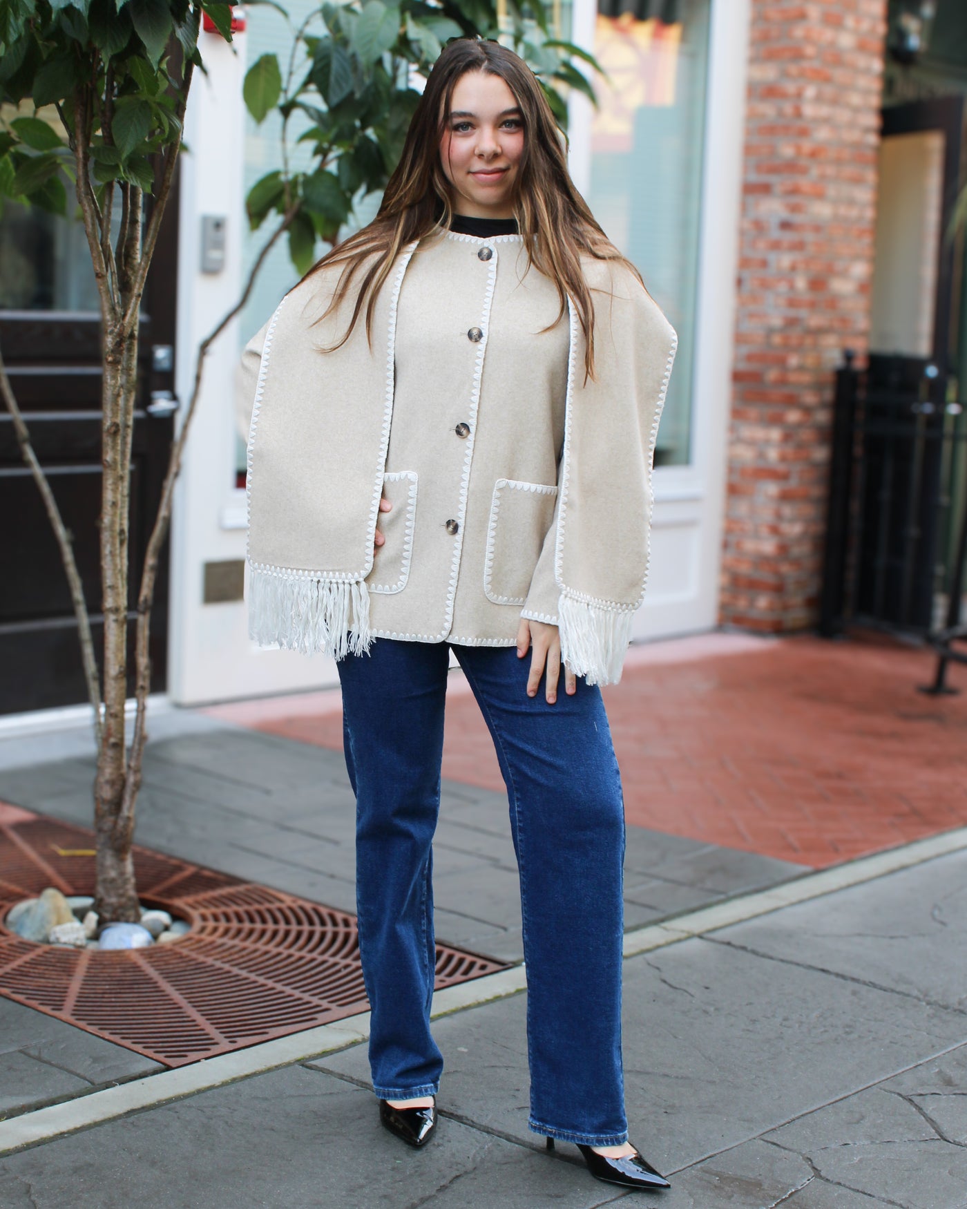 Button Front Coat with Detachable Scarf