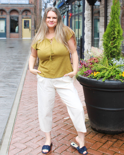 Split Neck Top with Tassel