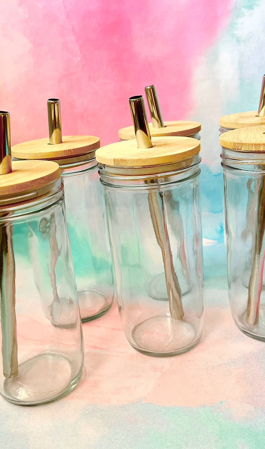 Blank Mason Jar Cups with Bamboo Lid and Stainless Steel Straw