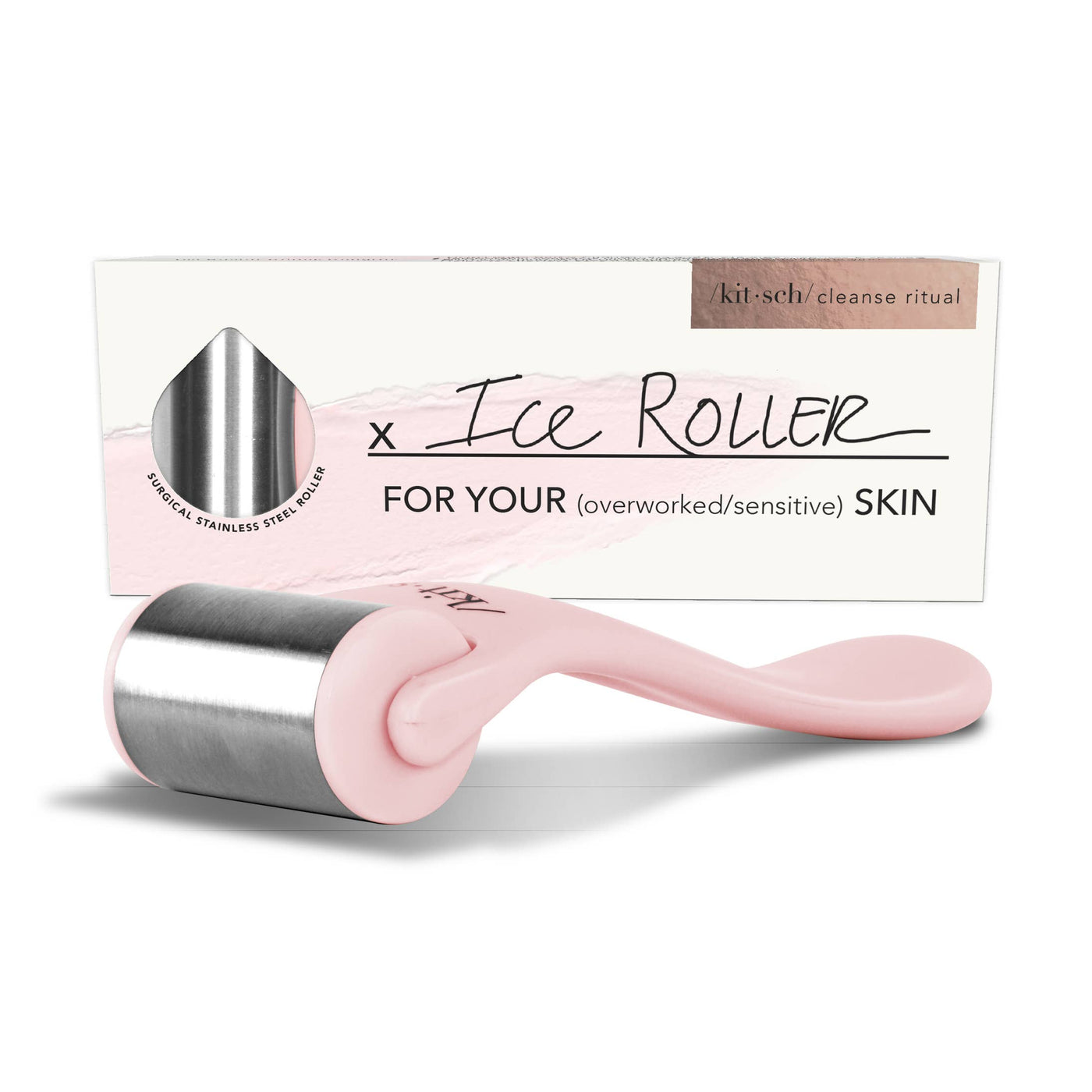 stainless steel roller with pink plastic handle to put in your freezer and roll on your skin
